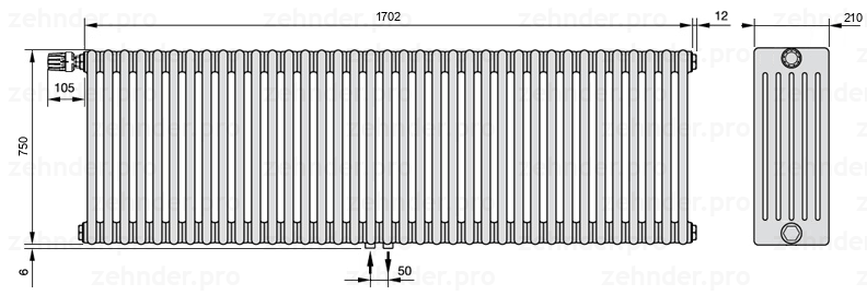Схема (чертеж) Радиатор Zehnder Charleston 6075/37 №V007 Белый глянцевый RAL 9016